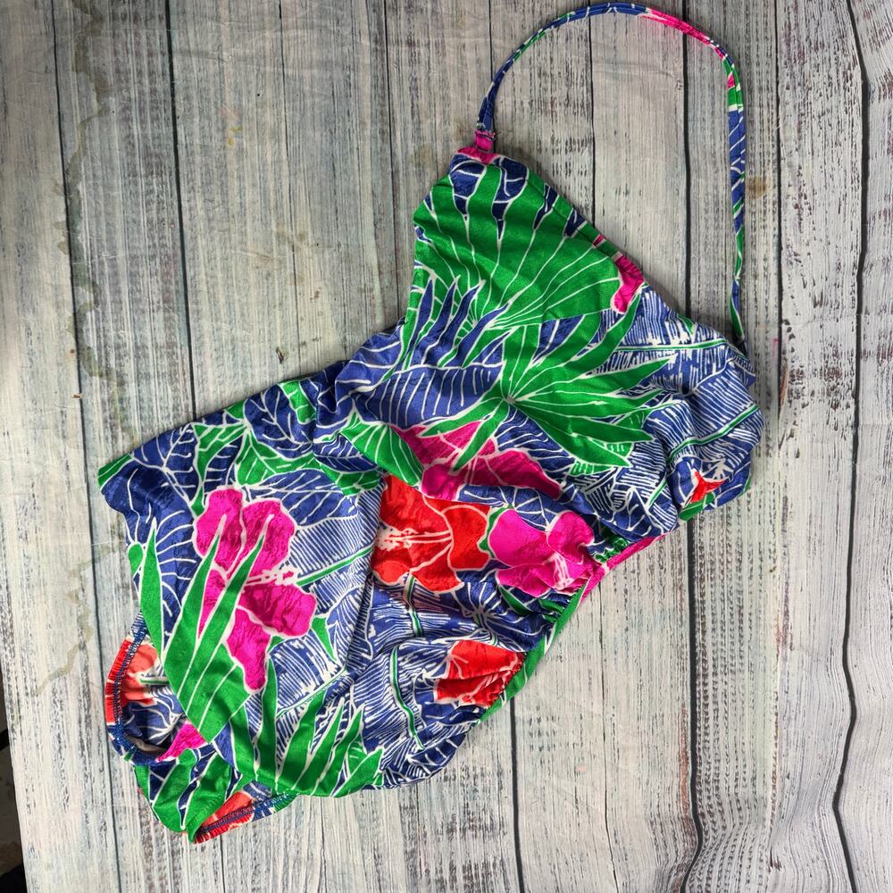 Longitude One Piece Swimsuit Tropical Floral Ruched Halter Blue Green Pink